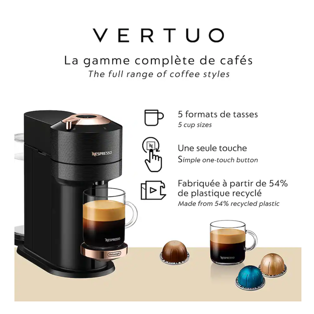 Nespresso Vertuo Next Coffee and Espresso Machine by De'Longhi, Black with Rose Gold