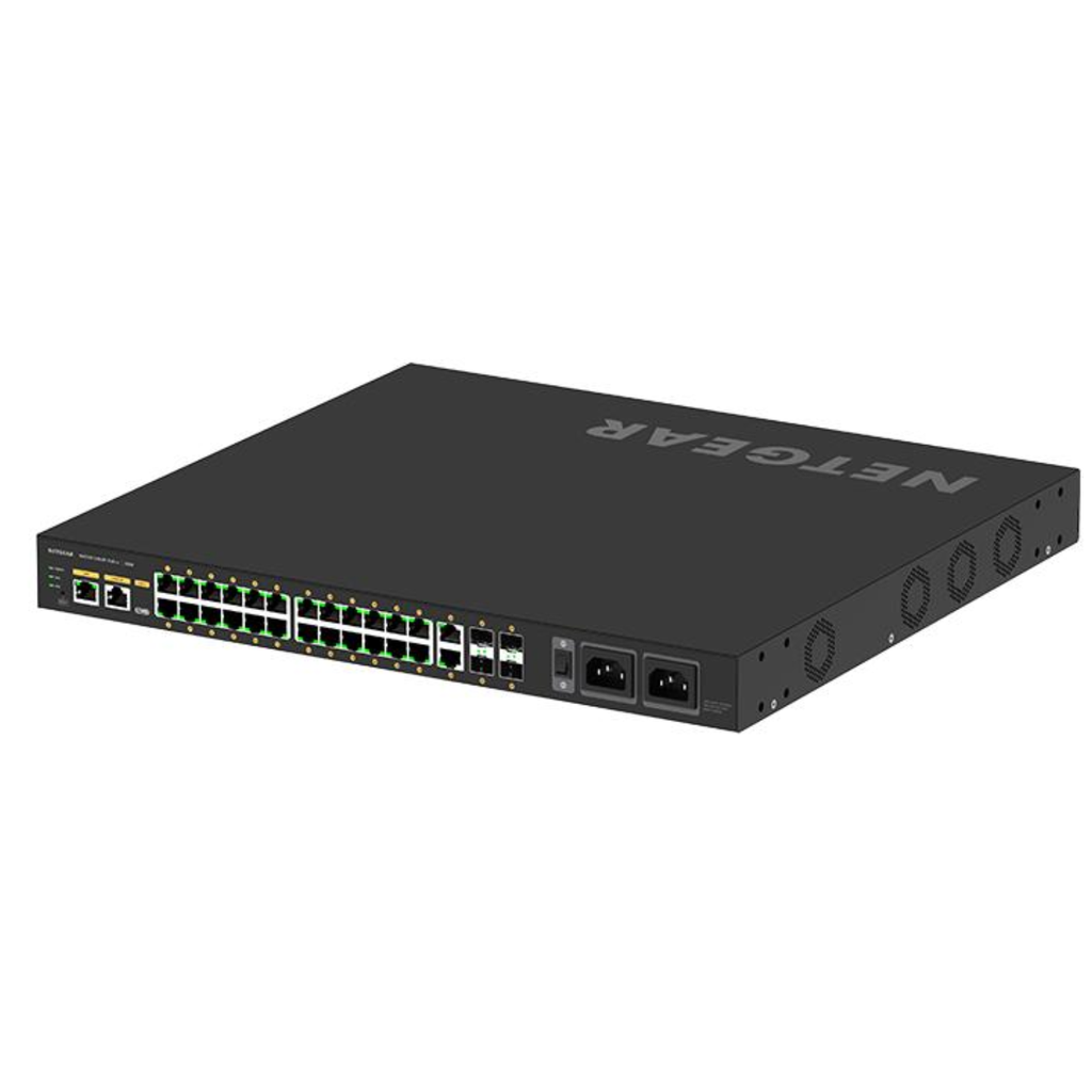 NETGEAR AV Line M4250-26G4F-PoE++ – Switch Administrable 24 Puertos Gigabit con PoE++ (720W), 4 Puertos SFP, Optimizado para AV-over-IP, Montaje en Rack – Nuevo