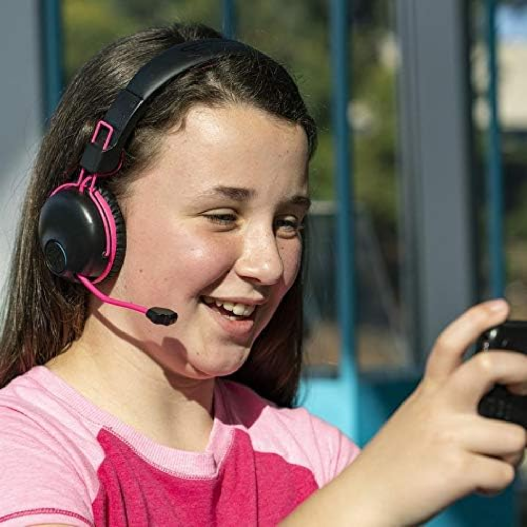 JLab JBuddies Play Gaming Wireless Kids Headset, Pink, 22+ Hour Bluetooth 5 Playtime 60ms Super-Low Latency for Mobile Gameplay, Retractable Boom Mic, AUX Cord Compatible w/Gaming Consoles