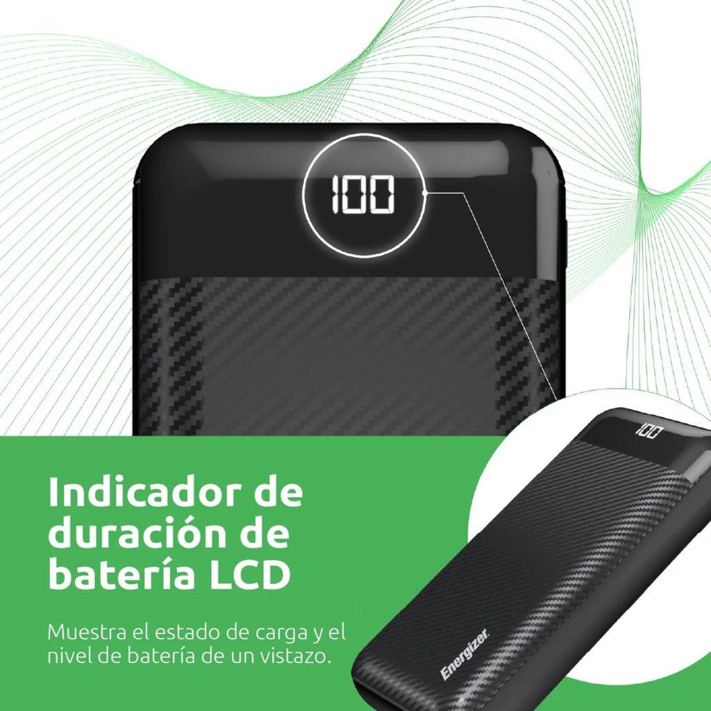 Power Bank Energizer MAX 20,000mAh 15W Triple Puerto con Pantalla LCD