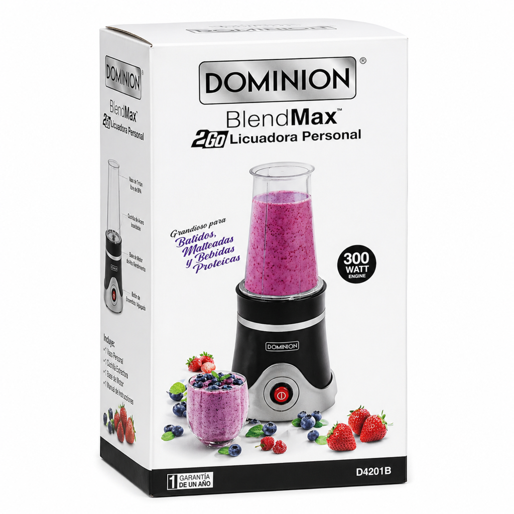 Licuadora Personal Dominion BlendMax Negra - Vaso Portátil 2Go, Motor Potente para Batidos y Smoothies profesionales