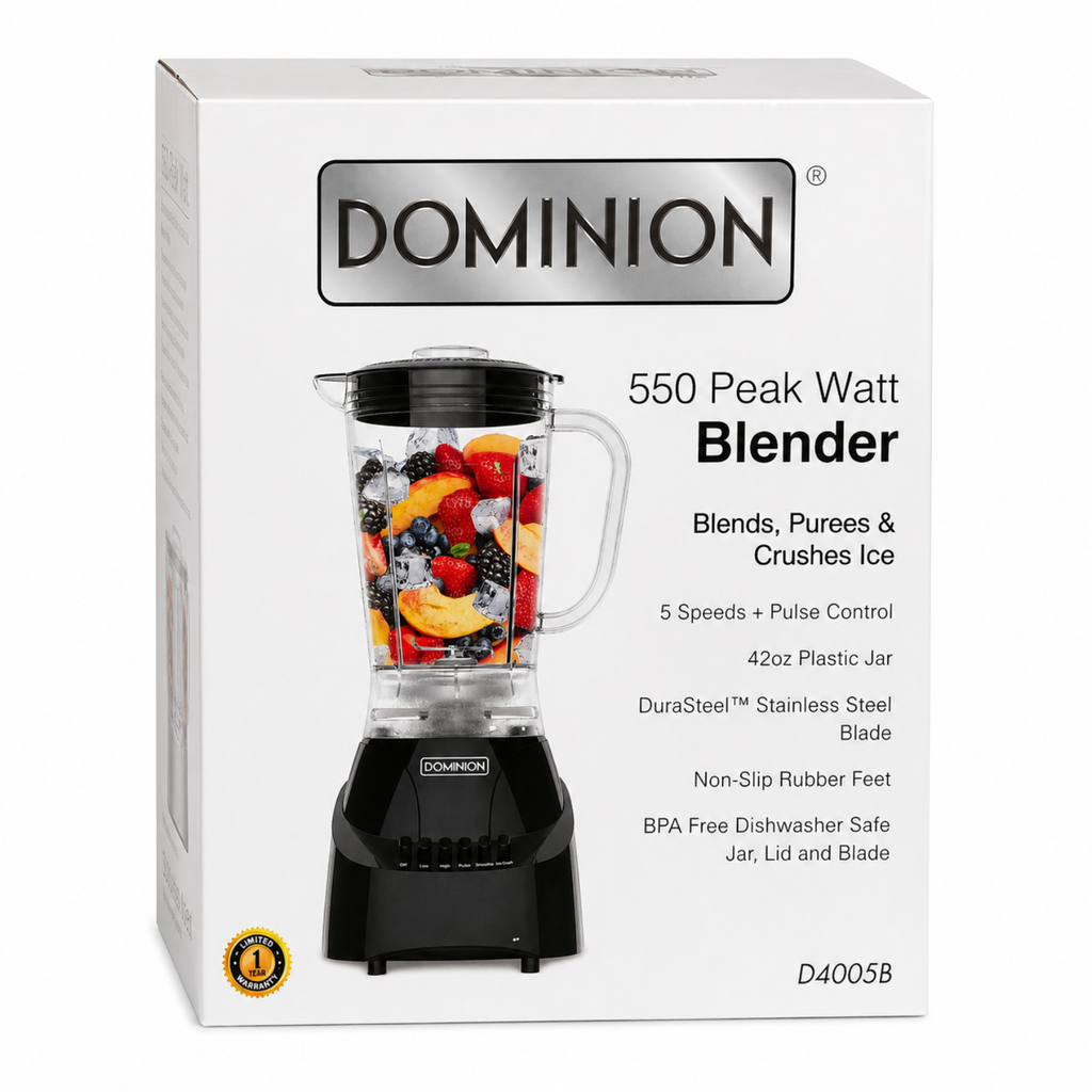 Dominion D4005B - Licuadora de 5 Velocidades con Jarra de Plástico de 42oz (1.25L), Cuchillas de Acero Inoxidable, Negro