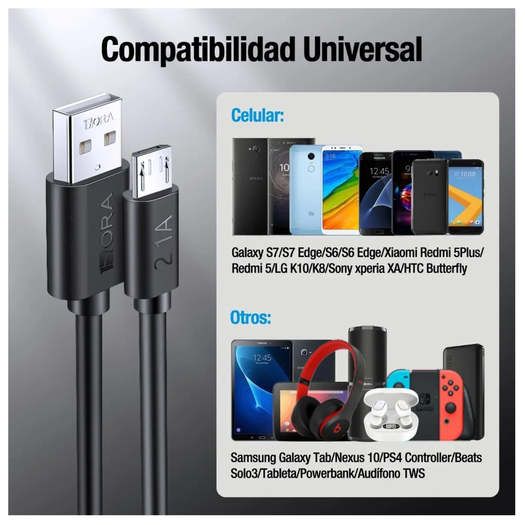 Cable USB-A a Micro USB V8 2 Metros 2.1A Carga Rápida y Transferencia de Datos Negro