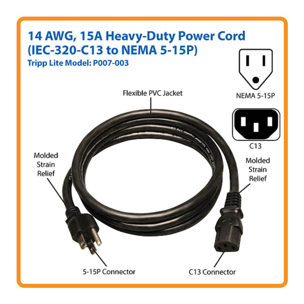 Cable de Alimentación Tripp Lite 91cm (3ft) Heavy Duty 15A 14AWG NEMA 5-15P a C13
