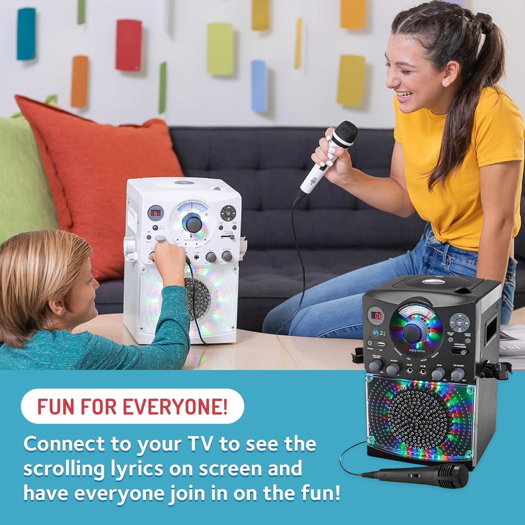 Sistema de Karaoke Singing Machine SML385UBK | Bluetooth | Luces de Discoteca LED | Reproductor CD+G y USB | Color Negro | Nuevo