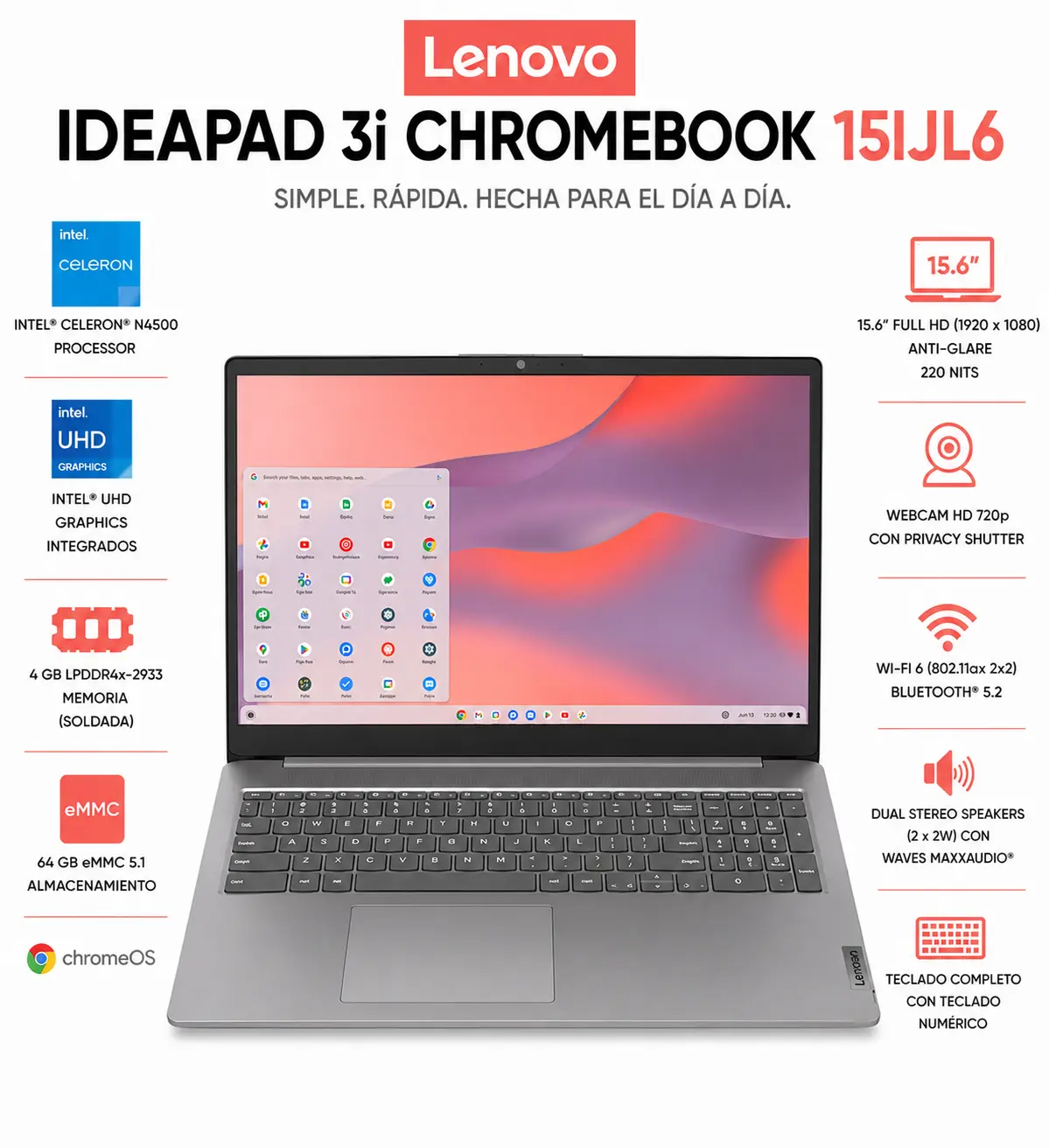 Lenovo - IdeaPad 3i Chromebook 15.6" Full HD Laptop - Intel Celeron 2021 - 4GB Memory with 64GB eMMC Storage - Arctic Grey