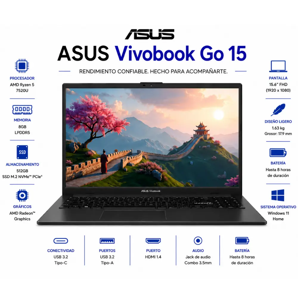 ASUS - Vivobook Go 15" Laptop FHD - Ryzen 5 7520U with 8GB RAM - 512GB SSD - Black