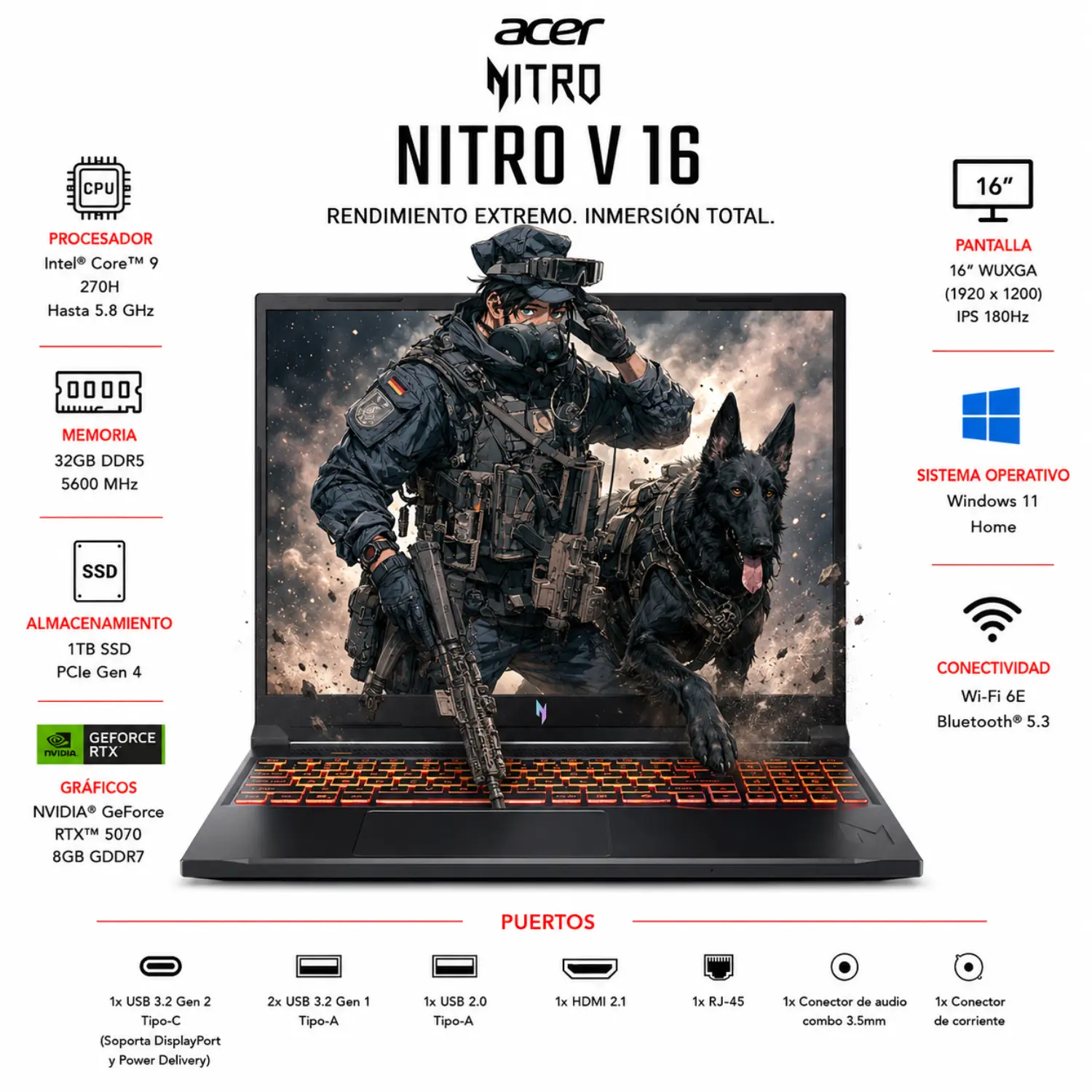 Laptop Gamer Acer Nitro V 16 ANV16-72 Core 9 32GB RAM 1TB SSD RTX 5070 8GB WUXGA 180Hz Windows 11