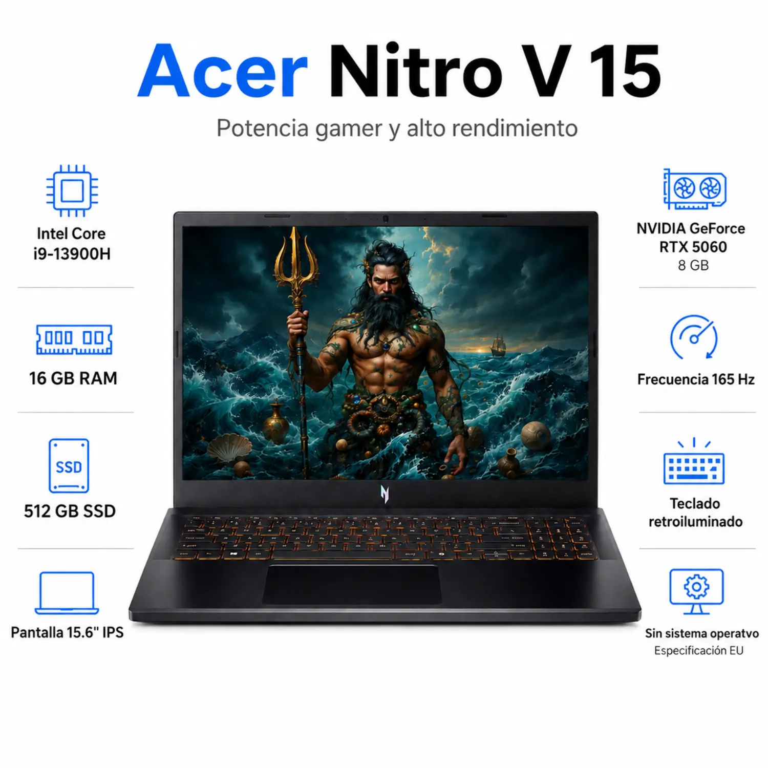 Laptop Gamer Acer Nitro V 15 Intel Core i9 16GB RAM 512GB SSD RTX 5060 8GB FHD 165Hz No OS