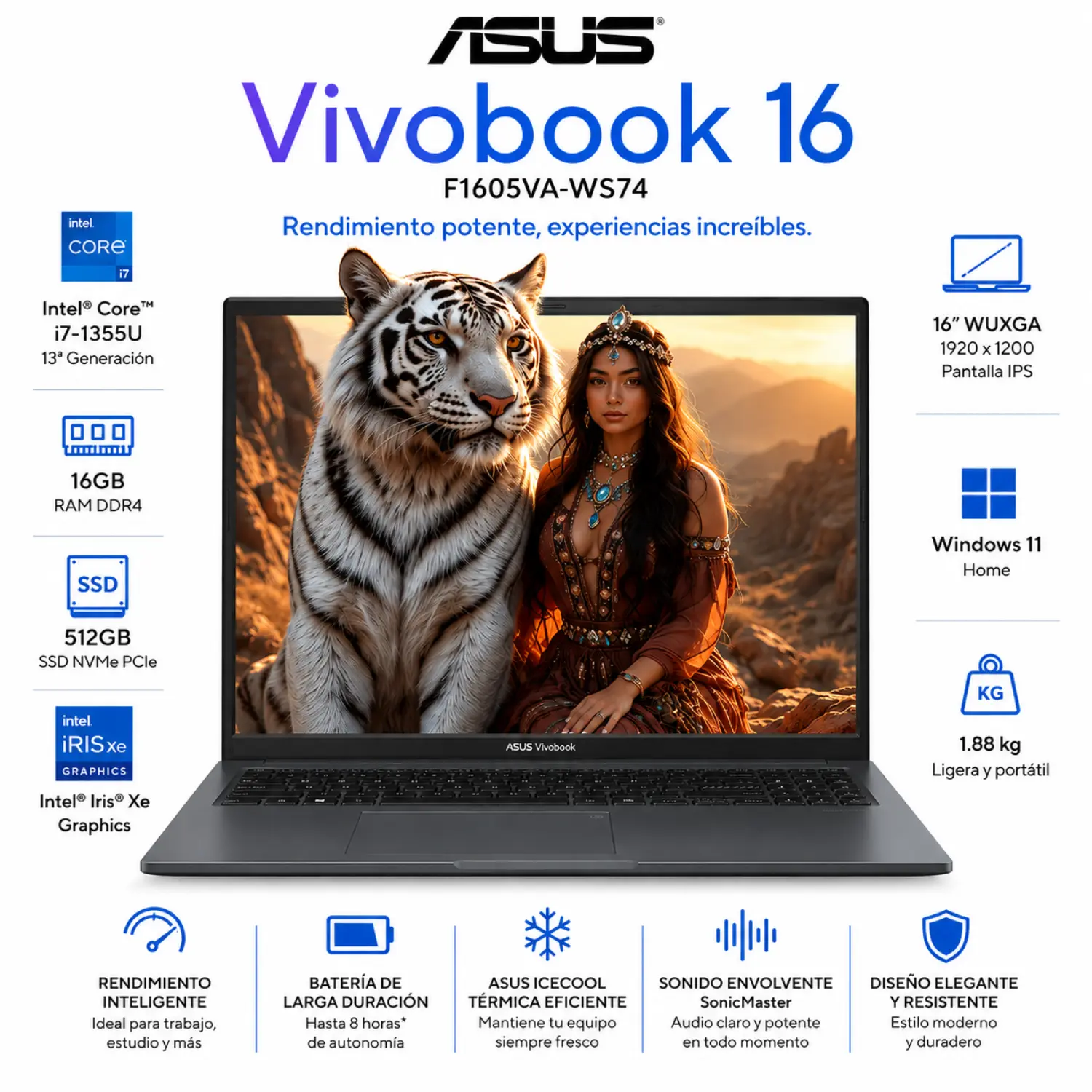 Laptop ASUS Vivobook 16 F1605VA Intel Core i7 16GB RAM 512GB SSD WUXGA Windows 11 