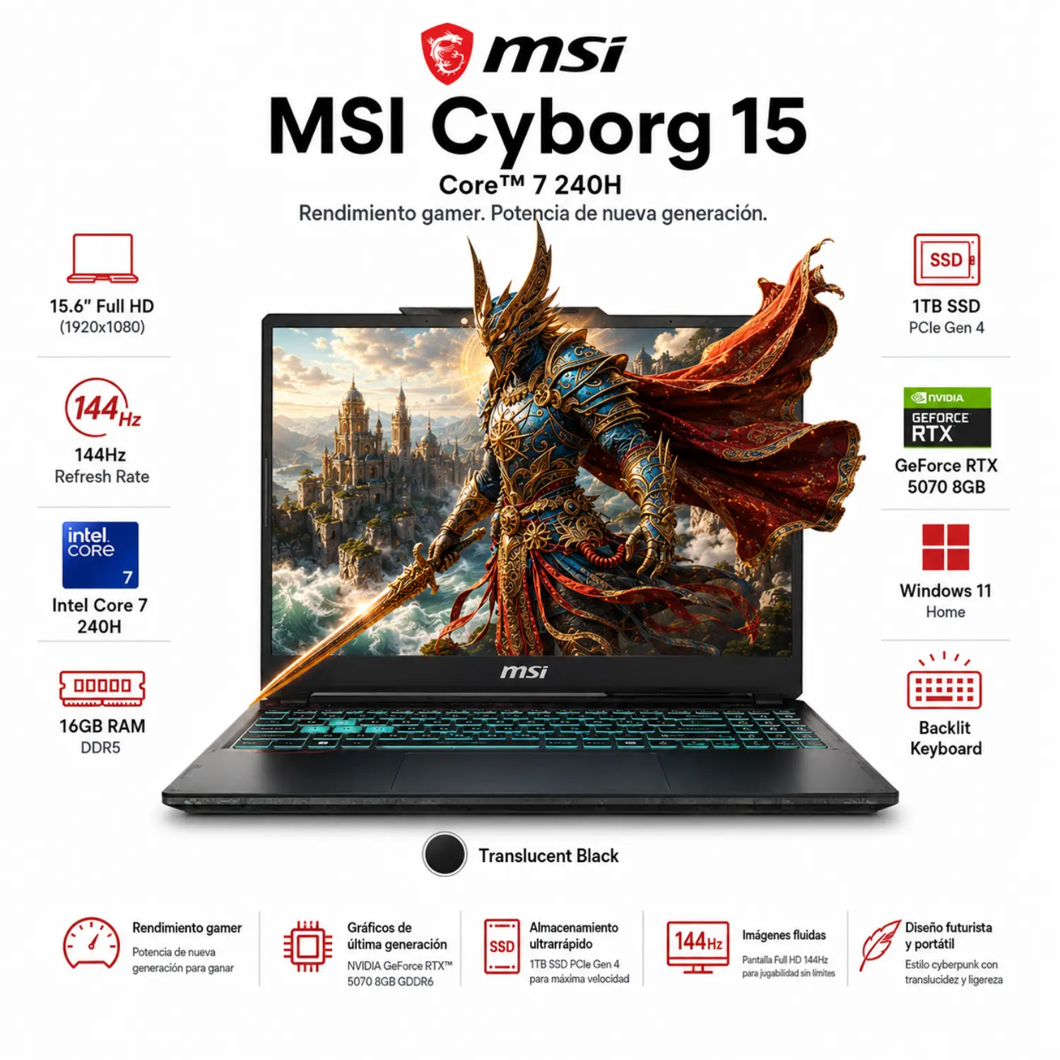 MSI Cyborg 15 Gaming Laptop Intel Core Ultra 7 15.6" 144Hz NVIDIA RTX 5070 16GB RAM 1TB SSD