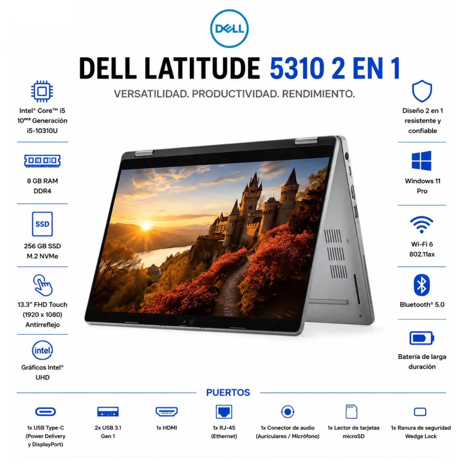 Reacondicionado-Laptop Dell Latitude 5310 2 en 1 Touch 13.3 FHD Intel Core i5 8GB RAM 256GB SSD Windows 11