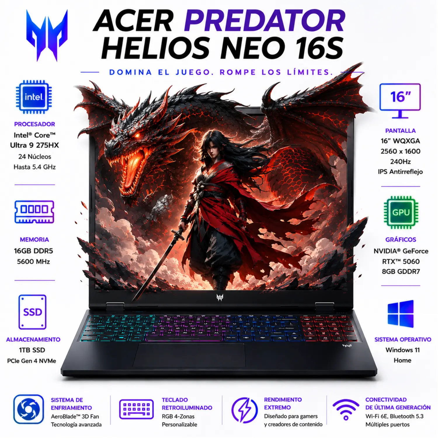 Acer PREDATOR HELIOS NEO 16S PHN16S-71-91AW GAMING Core™ Ultra 9 275HX 1TB SSD 16GB 16" (2560x1600) 240Hz WIN11 NVIDIA® RTX5060 8192MB OSIDIAN BLACK Backlit Keyboard