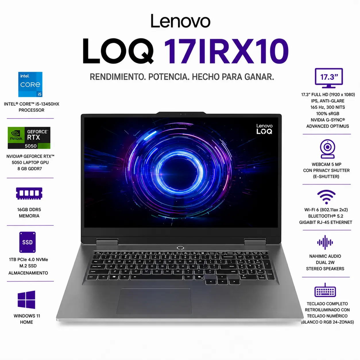 [83JH000GUS/NEW] Lenovo LOQ 17IRX10 - 17.3" FHD IPS 165Hz - RTX 5050 - Intel Core i5-13450HX -16GB RAM - 1TB SSD -Luna Grey