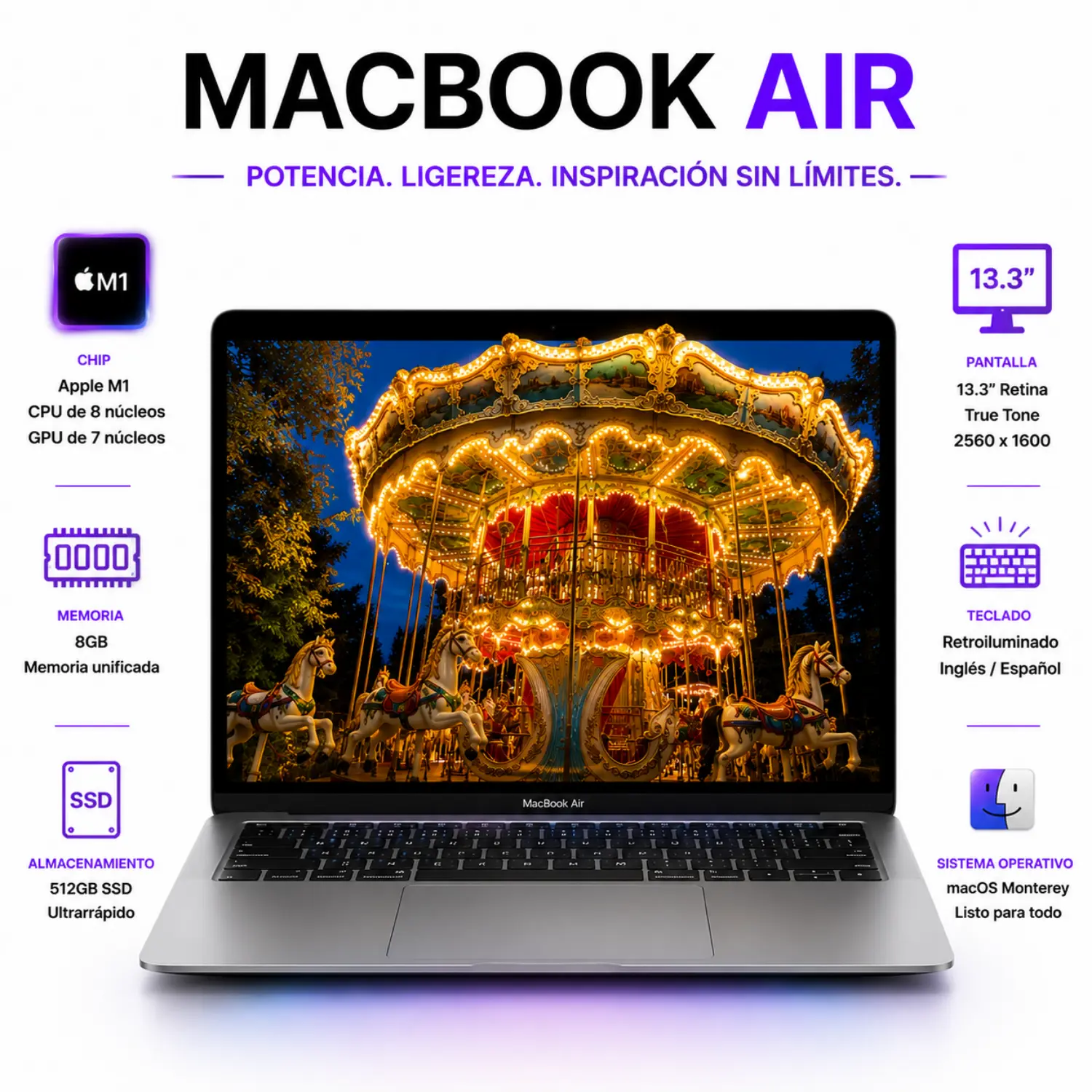 [A2337SPG20-C-M187-8-S512/RFB] Apple MacBook Air 13.3" Core M1 3.2GHz 8 Core CPU/7 Core GPU 8GB RAM 512GB SSD