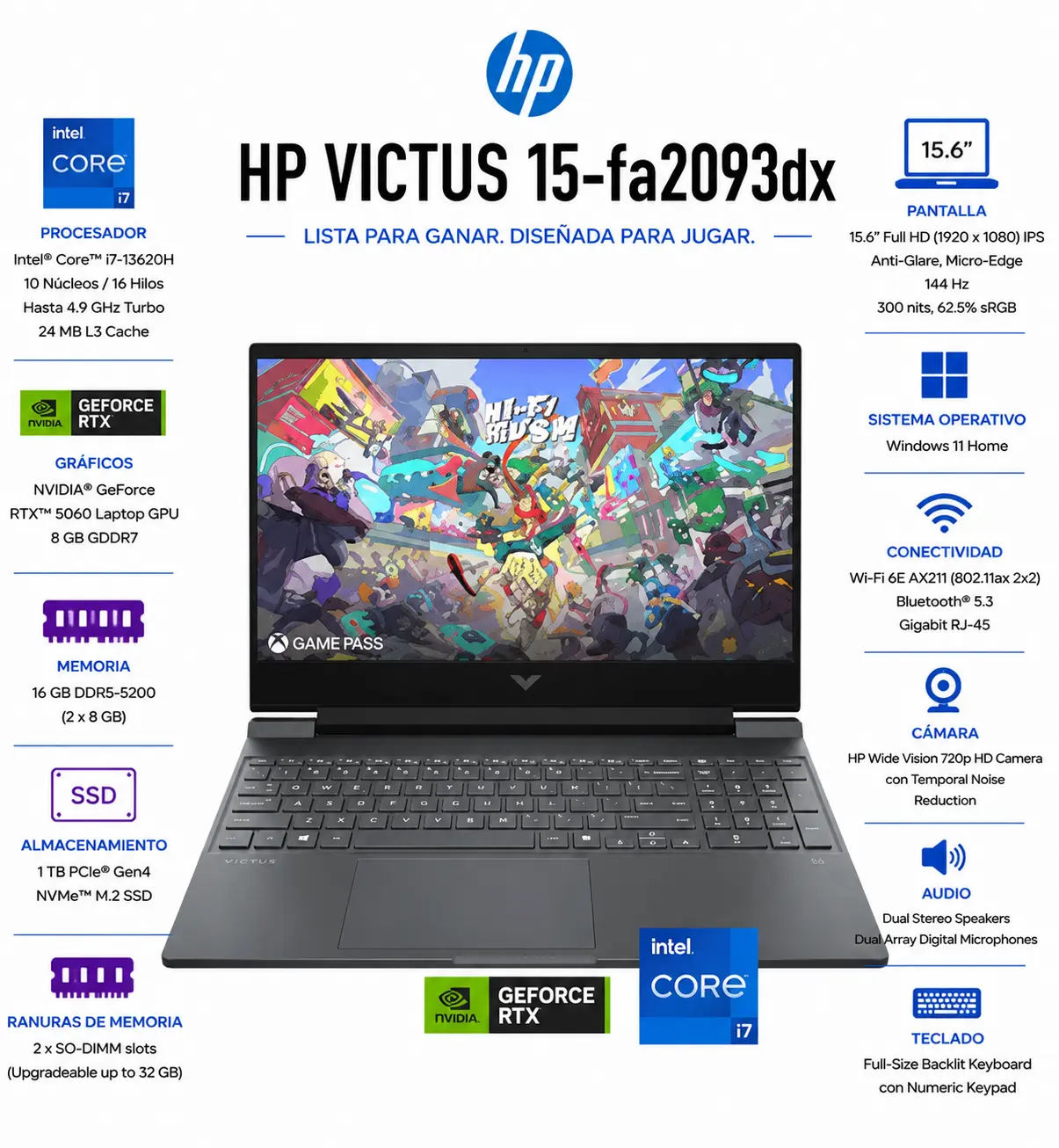 [B97DTUA#ABA/NEW] HP - Victus 15.6" 144Hz Full HD Gaming Laptop - Intel Core i7-13620H 2023 - 16GB Memory - NVIDIA GeForce RTX 5060 - 1TB SSD - Mica Silver