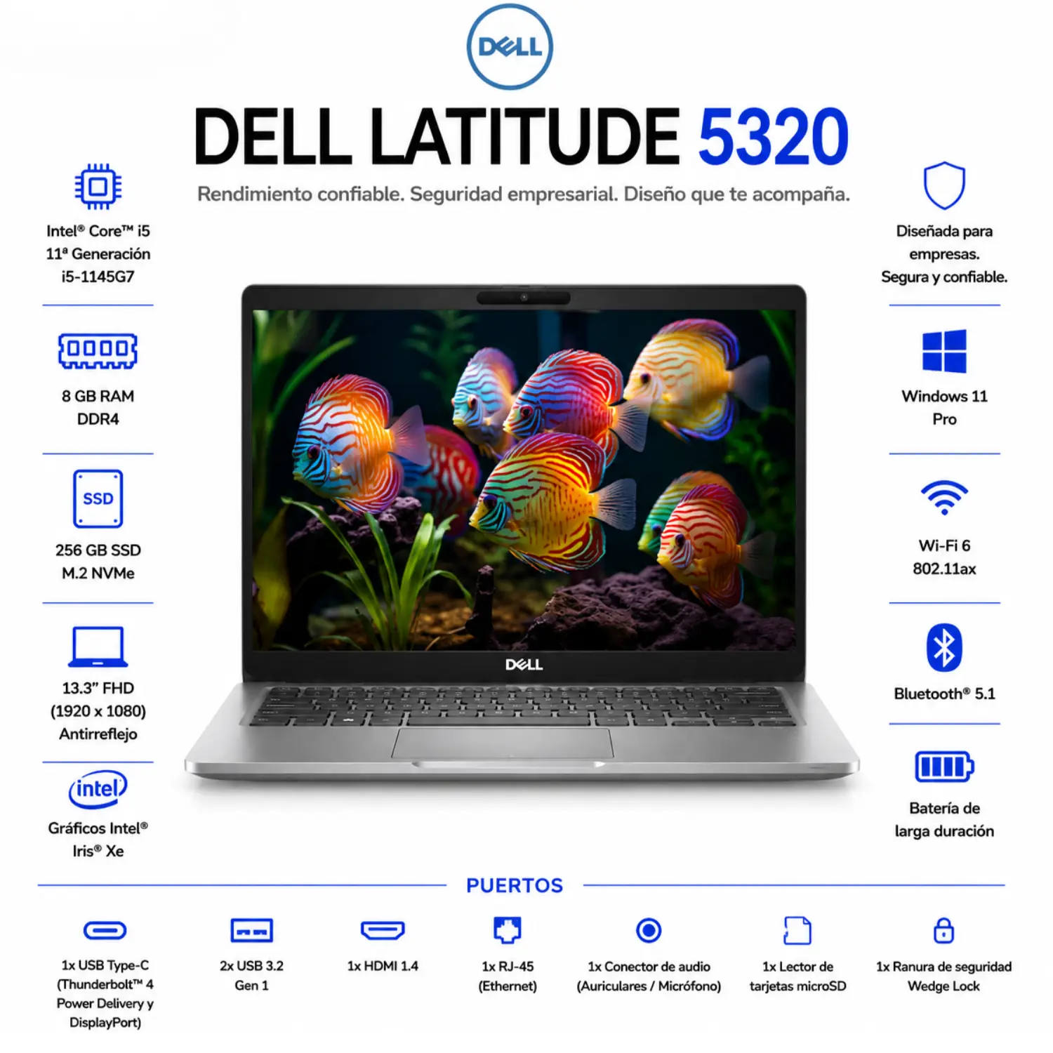[DE5320-I5-8-256/RFB] Dell Latitude 5320 13.3" FHD Intel Core i5 8GB RAM 256GB SSD Windows 11 (Reacondicionado) 