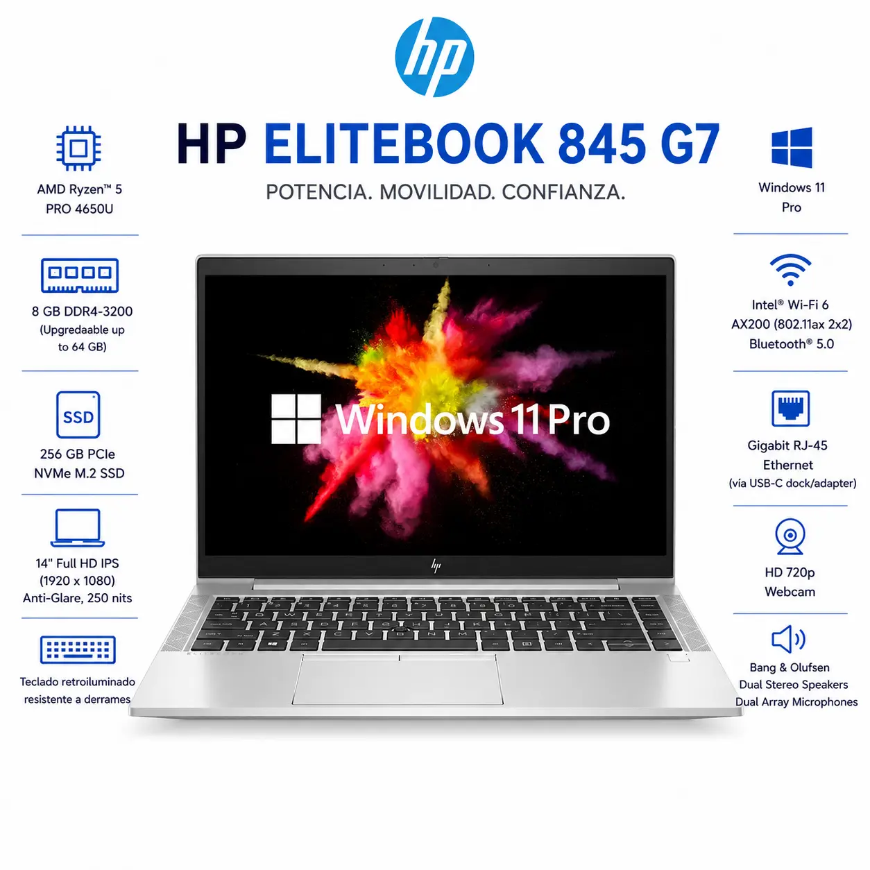 [845G7-R5-8-256/RFB] HP EliteBook 845 G7 14" FHD AMD Ryzen 5 PRO 4650U 8GB RAM 256GB SSD (Reacondicionado) 
