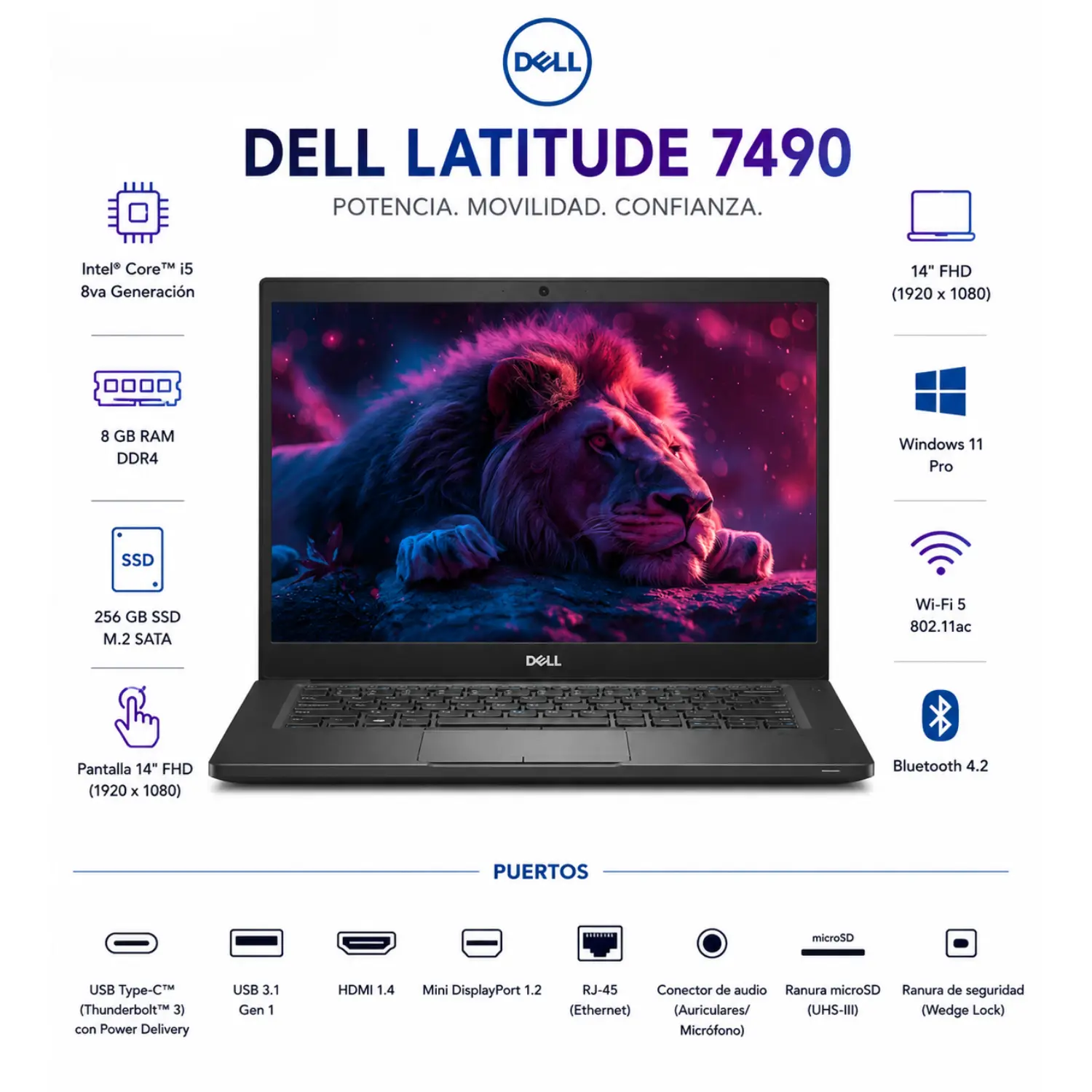 [DE7490-i5-8-256/RFB] Dell Latitude 7490 14" FHD Intel Core i5 8GB RAM 256GB SSD Windows 11 (Reacondicionado) 