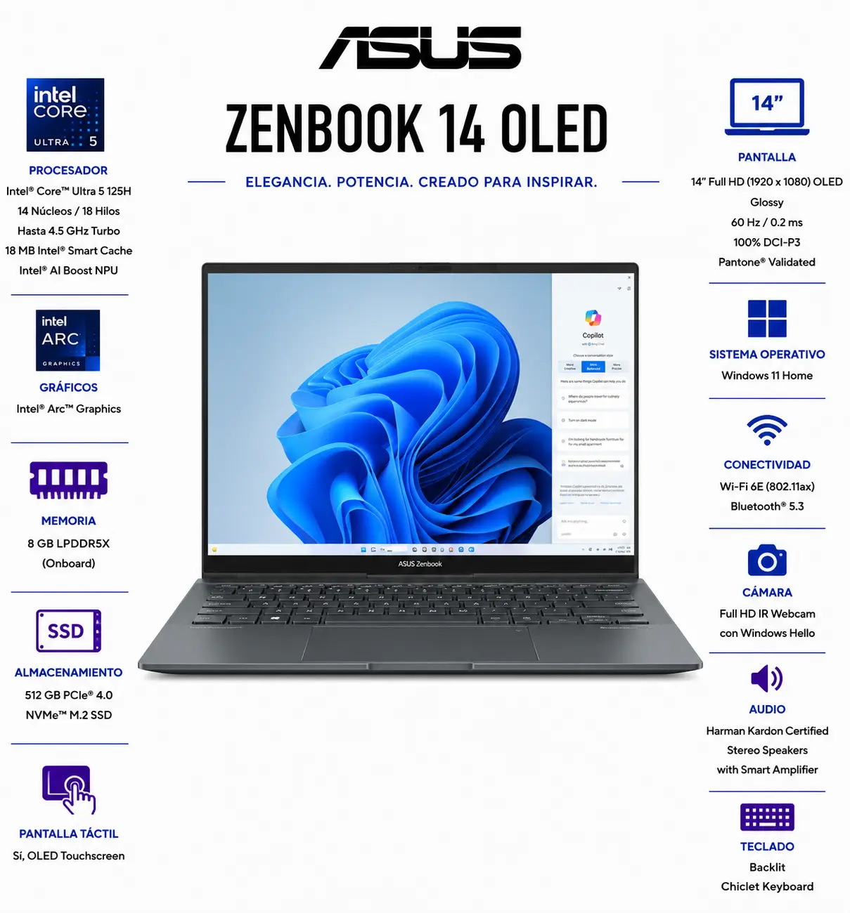 [Q415MA-U5512/NEW] Laptop Asus ZenBook Q415MA-U5512 - Pantalla 14" OLED Touchscreen Procesador Intel Core Ultra 5 125H con 512GB SSD y 8GB RAM