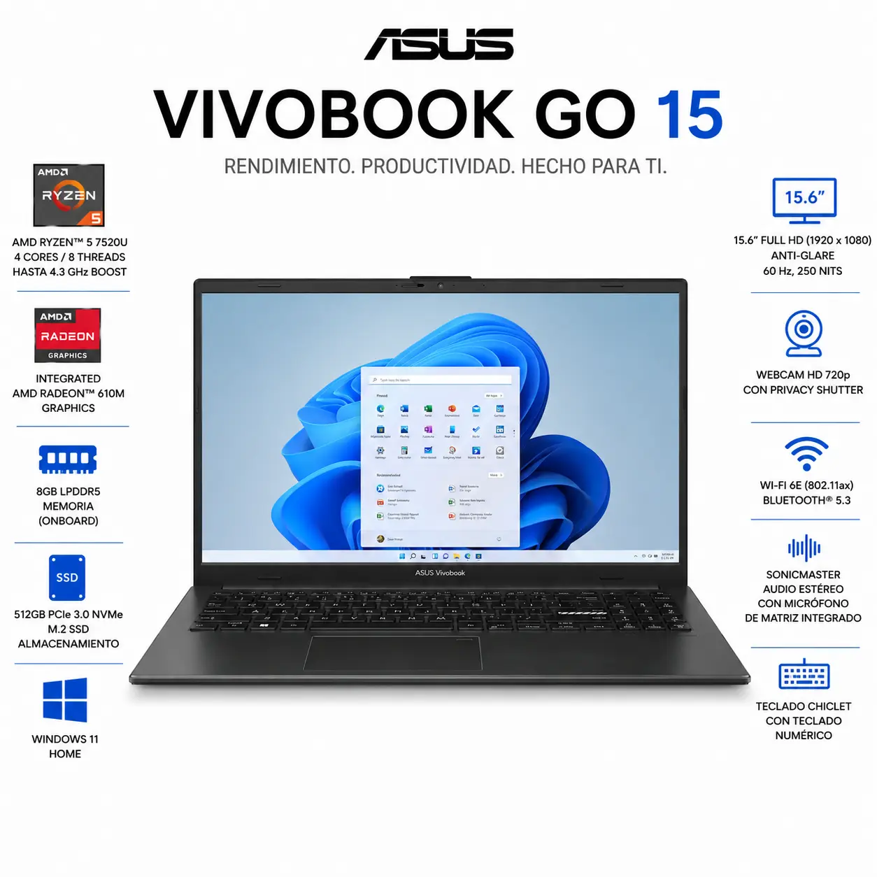 [E1504FA-WS51/NEW] ASUS - Vivobook Go 15" Laptop FHD - Ryzen 5 7520U with 8GB RAM - 512GB SSD - Black