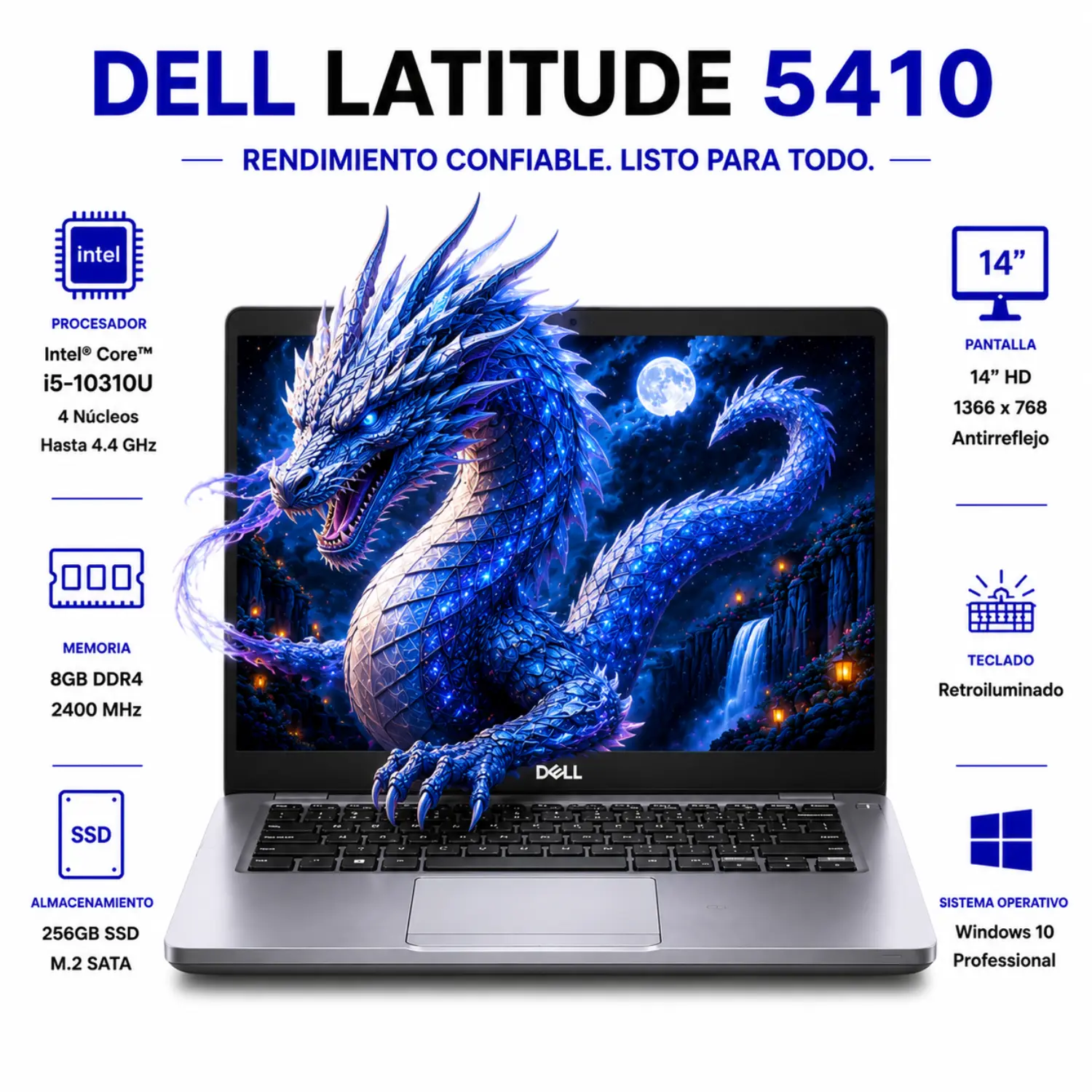 [DE5410-I5-10TH-8-256-FHD/RFB] Dell Latitude 5410 14" HD Intel Core i5 8GB RAM 256GB SSD Windows 11 (Reacondicionado)