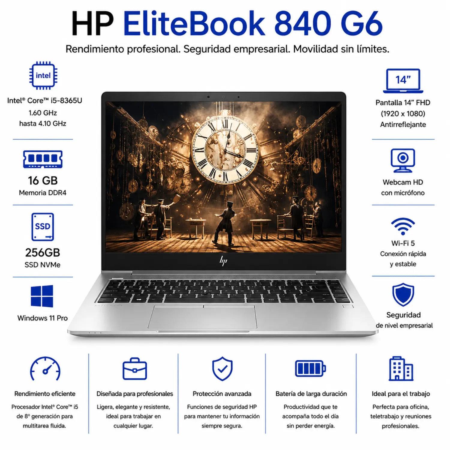 [8TJ27UC#ABA_HP_6VN3H_I/RFB] HP EliteBook 840 G6 Notebook PC | 1920x1080 | Intel Core i5-8365U | Integrated GPU | 16 GB DDR4 | 256GB SSD | Microsoft Windows 11 Pro | SILVER | Webcam (CTO) *Grade A*