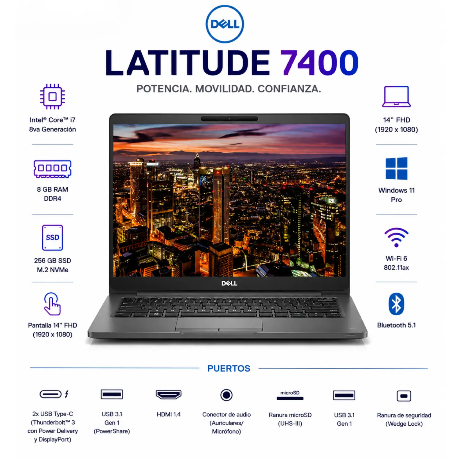 [DE7400-I7-8-256/RFB] Dell Latitude 7400 14" FHD Intel Core i7 8GB RAM 256GB SSD Windows 11