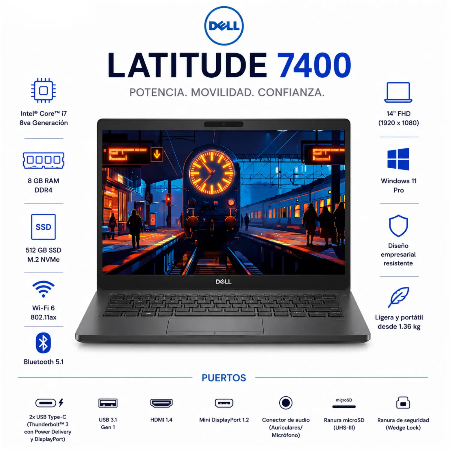 [DE7400-I7-8-512-ES/RFB] Dell Latitude 7400 14" FHD Intel Core i7 8GB RAM 512GB SSD Windows 11