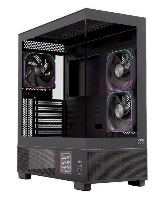 [EXCS-PR-51DR-B/NEW] Gabinete EINAREX Prisma S501D Black - Pantalla LCD Monitoreo Temps - ATX - Cristal Templado Dual - 3 Fans RGB