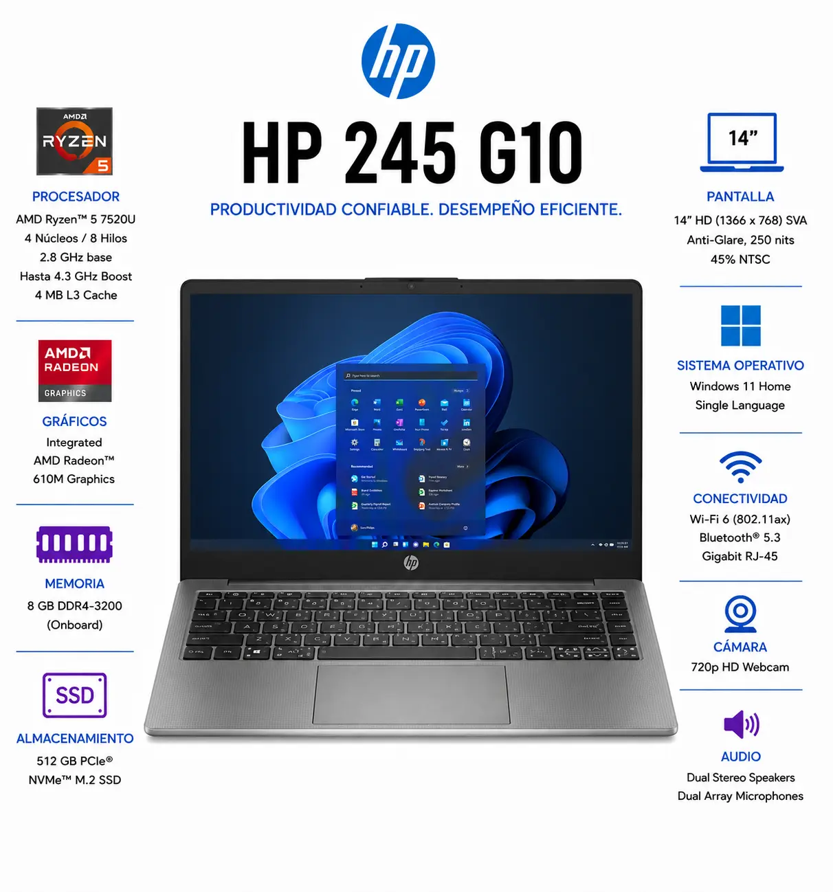[BT3E5AT#ABM/NEW] HP 245 G10 - 14" HD - AMD Ryzen 5 7520U - 8GB - 512GB SSD - Windows 11 Home