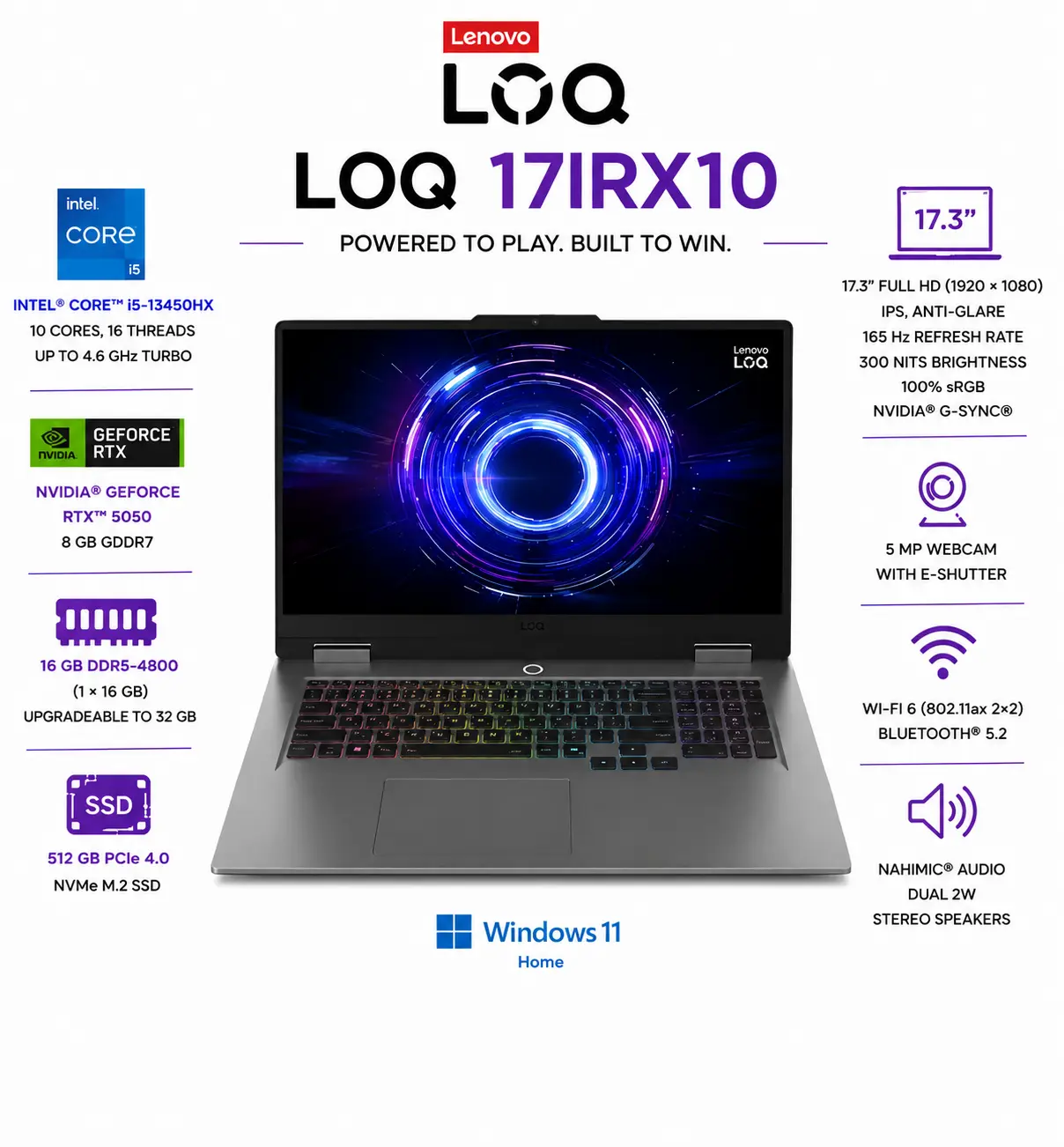 [83JH008QUS/NEW] Lenovo - LOQ 17IRX10 17.3" FHD - i5-13450HX - 16GB - 512GB SSD - RTX 5050 8GB - Windows 11 - Gray