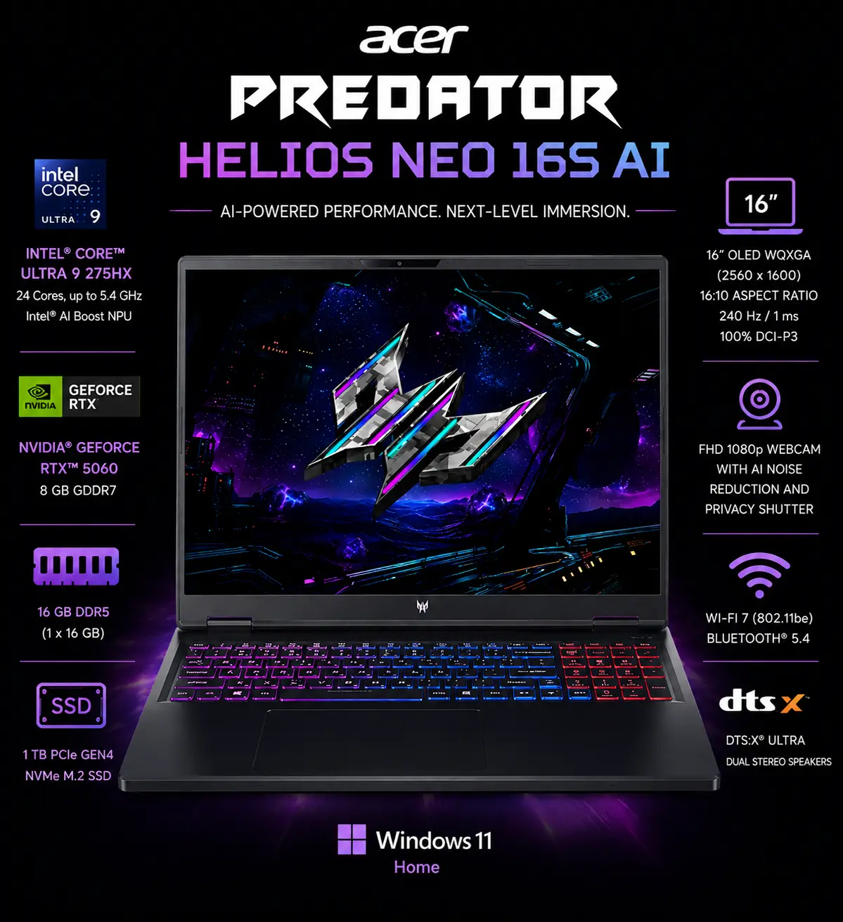 [NH.U0MAA.001/NEW] Acer Predator Helios Neo 16S Core Ultra 9 RTX 5060 16GB 1TB 240Hz